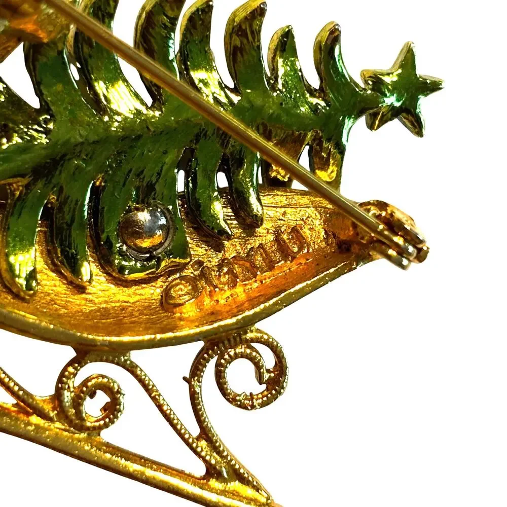 Vintage Christmas brooch sleigh gold with green tree & red ornaments signed MYLU